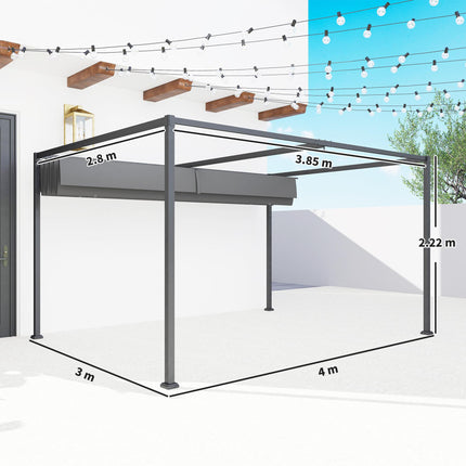 4 x 3m Metal Pergola Gazebo with Retractable Canopy Patio Sun Shelter - Grey