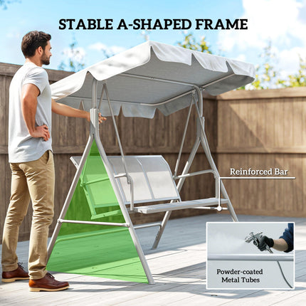 3-Seater Metal Garden Swing Chair with Canopy Lounger - Light Grey