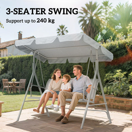 3-Seater Metal Garden Swing Chair with Canopy Lounger - Light Grey