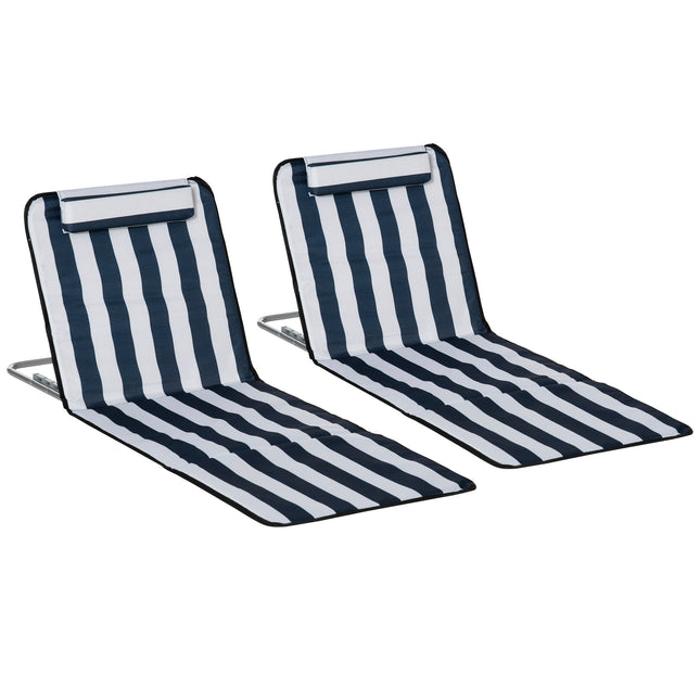 Set of 2 Foldable Garden Beach Chair Mats with Adjustable Back, Metal Frame & Head Pillow - Blue