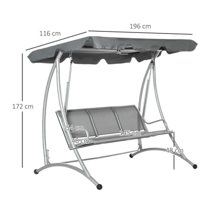 3 Seater Steel Outdoor Patio Porch Swing Chair with Adjustable Canopy - Dark Grey
