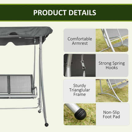 3 Seater Steel Outdoor Patio Porch Swing Chair with Adjustable Canopy - Dark Grey