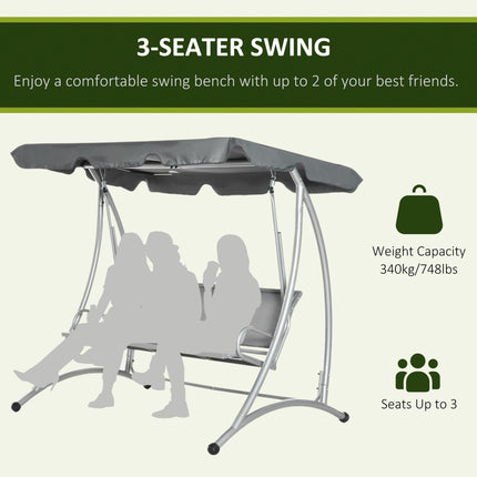 3 Seater Steel Outdoor Patio Porch Swing Chair with Adjustable Canopy - Dark Grey
