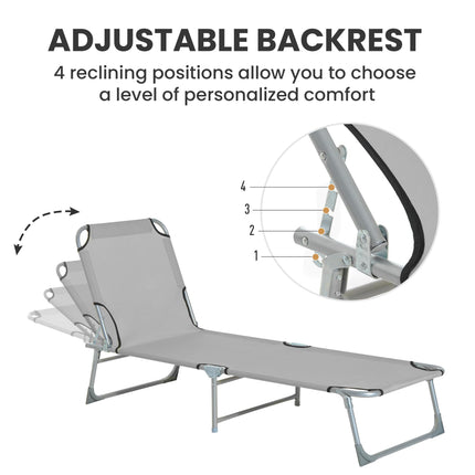 Reclining Sun Lounger Chair Folding Camping Bed with 4-Position Adjustable Backrest, Grey