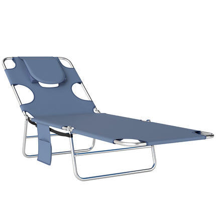 Adjustable 5-Position Beach Chaise Lounge with Face Cavity & Arm Slots, Portable Reclining Sun Lounger - Grey