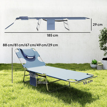 Adjustable 5-Position Beach Chaise Lounge with Face Cavity & Arm Slots, Portable Reclining Sun Lounger - Grey