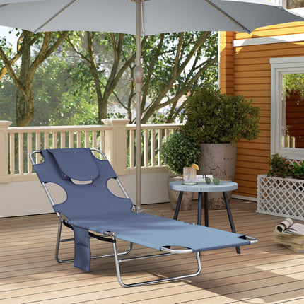 Adjustable 5-Position Beach Chaise Lounge with Face Cavity & Arm Slots, Portable Reclining Sun Lounger - Grey