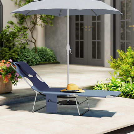 Adjustable 5-Position Beach Chaise Lounge with Face Cavity & Arm Slots, Portable Reclining Sun Lounger - Grey