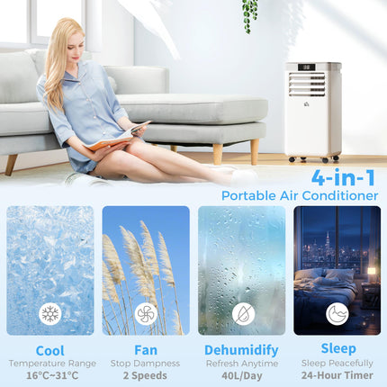 10000 BTU Portable Mobile Air Conditioner with Remote & LED Display for Cooling, Dehumidifying, Ventilating - White