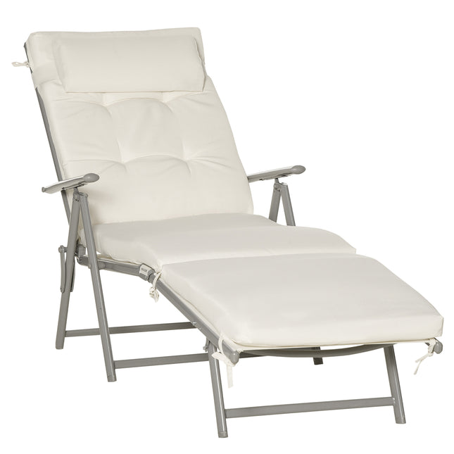 Outdoor Patio Foldable Reclining Sun Lounger with Cushion and Pillow 115cm Wide - Cream White