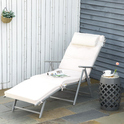 Outdoor Patio Foldable Reclining Sun Lounger with Cushion and Pillow 115cm Wide - Cream White