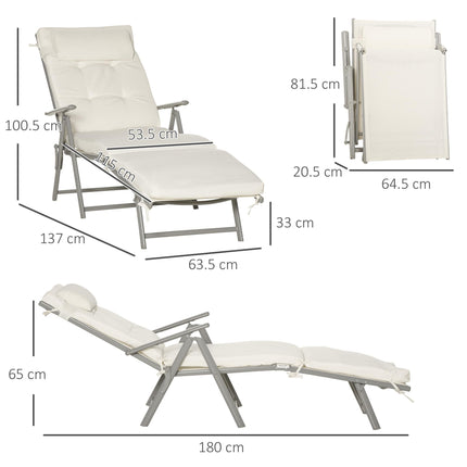Outdoor Patio Foldable Reclining Sun Lounger with Cushion and Pillow 115cm Wide - Cream White