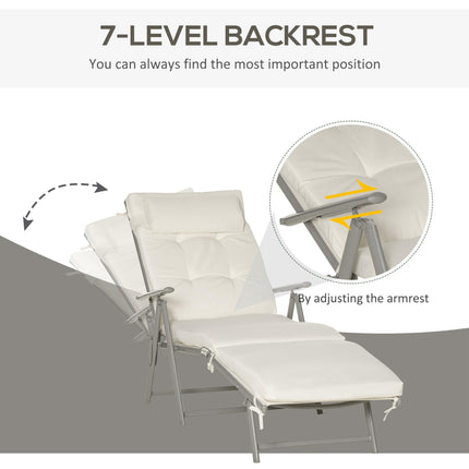 Outdoor Patio Foldable Reclining Sun Lounger with Cushion and Pillow 115cm Wide - Cream White
