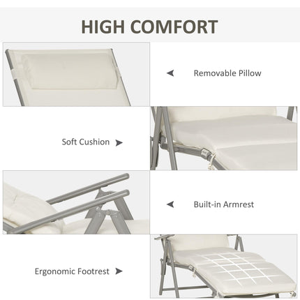 Outdoor Patio Foldable Reclining Sun Lounger with Cushion and Pillow 115cm Wide - Cream White