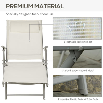 Outdoor Patio Foldable Reclining Sun Lounger with Cushion and Pillow 115cm Wide - Cream White