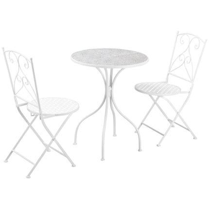 3 Piece Garden Bistro Set with Foldable White Metal Mosaic Table and Chairs - White