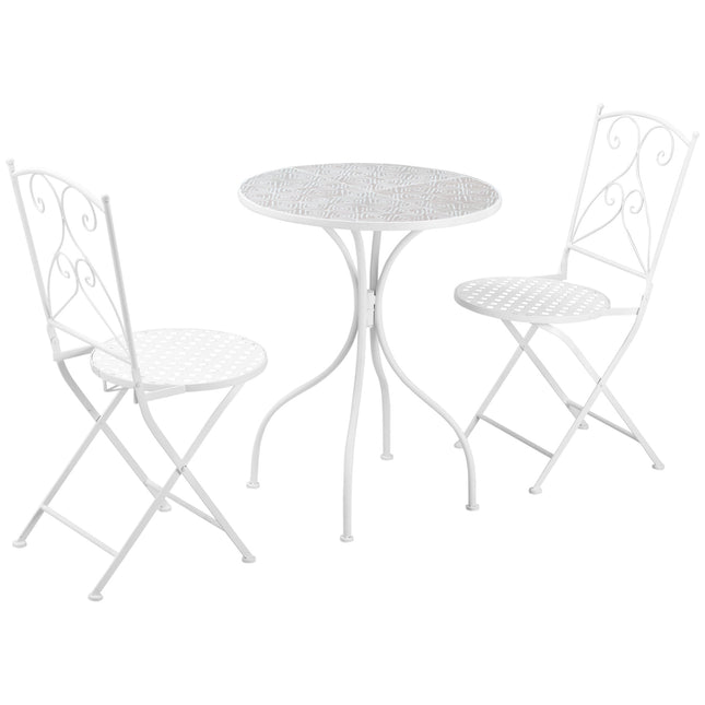 3 Piece Garden Bistro Set with Foldable White Metal Mosaic Table and Chairs - White