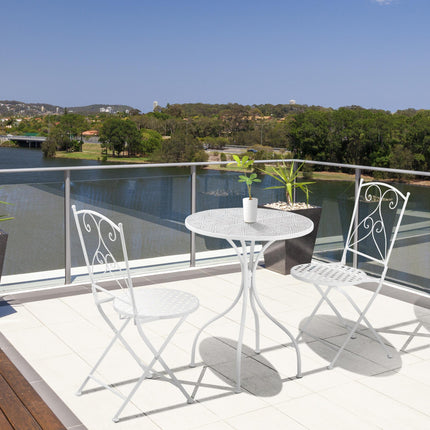 3 Piece Garden Bistro Set with Foldable White Metal Mosaic Table and Chairs - White