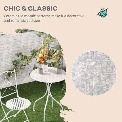 3 Piece Garden Bistro Set with Foldable White Metal Mosaic Table and Chairs - White