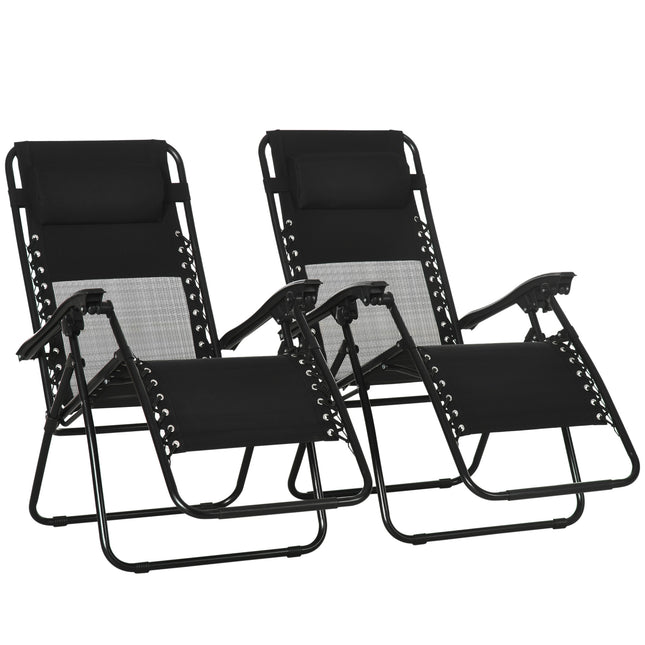 Set of 2 Foldable Zero Gravity Garden Recliner Chairs with Footstool and Adjustable Headrest - Black