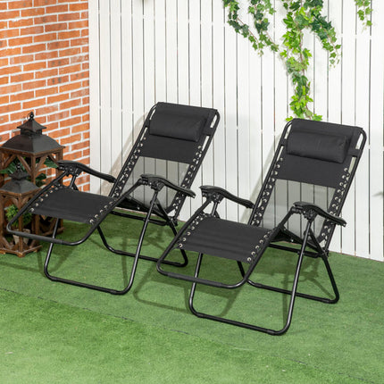 Set of 2 Foldable Zero Gravity Garden Recliner Chairs with Footstool and Adjustable Headrest - Black