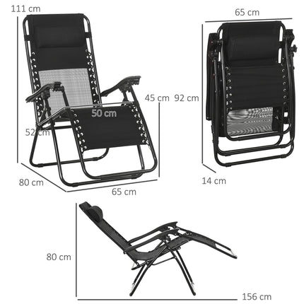 Set of 2 Foldable Zero Gravity Garden Recliner Chairs with Footstool and Adjustable Headrest - Black