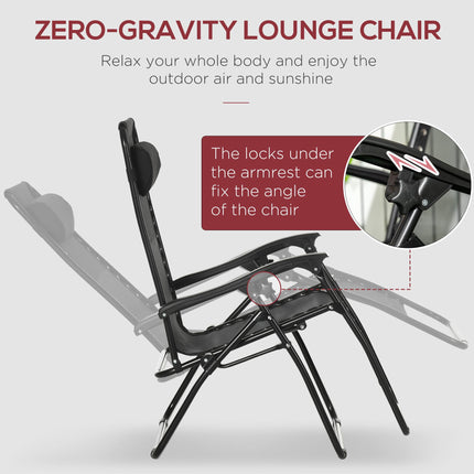 Set of 2 Foldable Zero Gravity Garden Recliner Chairs with Footstool and Adjustable Headrest - Black
