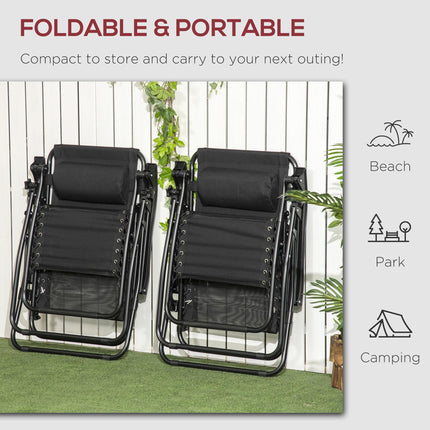 Set of 2 Foldable Zero Gravity Garden Recliner Chairs with Footstool and Adjustable Headrest - Black