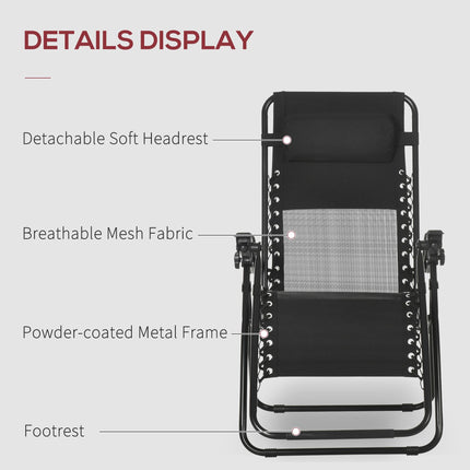 Set of 2 Foldable Zero Gravity Garden Recliner Chairs with Footstool and Adjustable Headrest - Black