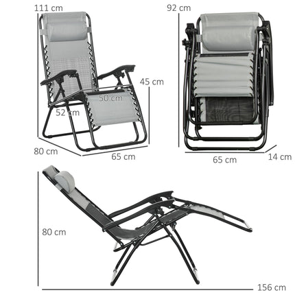 Set of 2 Foldable Garden Recliner Chairs with Footstool and Headrest - Grey