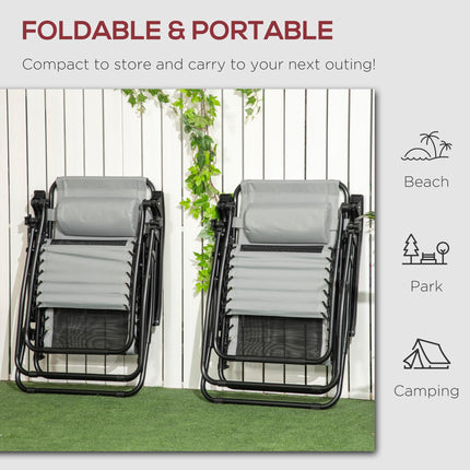 Set of 2 Foldable Garden Recliner Chairs with Footstool and Headrest - Grey