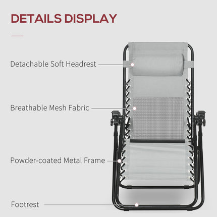 Set of 2 Foldable Garden Recliner Chairs with Footstool and Headrest - Grey