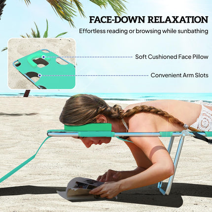 Beach Chaise Lounge with Face Cavity & Arm Slots, Reclining Portable Sun Lounger for Patio Garden Beach Pool - Green