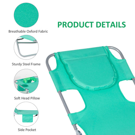 Beach Chaise Lounge with Face Cavity & Arm Slots, Reclining Portable Sun Lounger for Patio Garden Beach Pool - Green