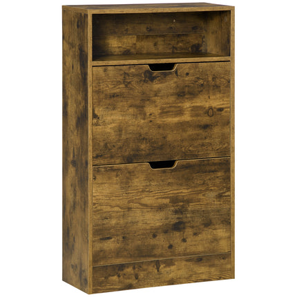 Slim Shoe Cabinet with 2 Flip Doors, 2 Drawers & Adjustable Dividers, Entryway Storage Unit - Rustic Brown