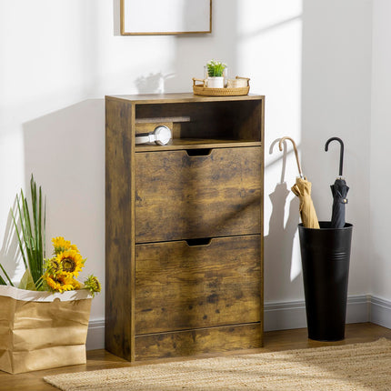 Slim Shoe Cabinet with 2 Flip Doors, 2 Drawers & Adjustable Dividers, Entryway Storage Unit - Rustic Brown