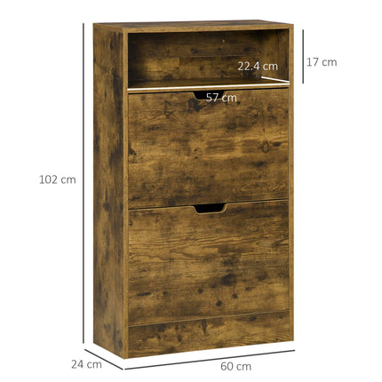 Slim Shoe Cabinet with 2 Flip Doors, 2 Drawers & Adjustable Dividers, Entryway Storage Unit - Rustic Brown