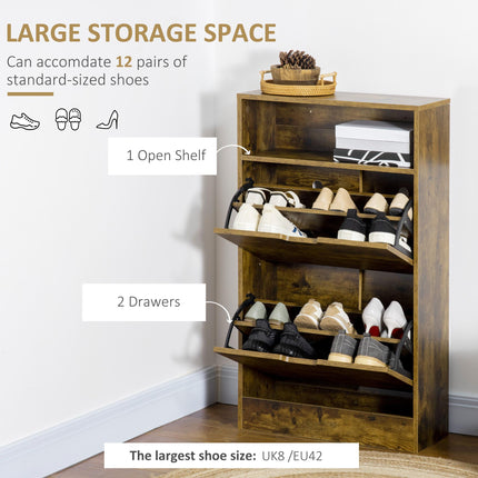 Slim Shoe Cabinet with 2 Flip Doors, 2 Drawers & Adjustable Dividers, Entryway Storage Unit - Rustic Brown