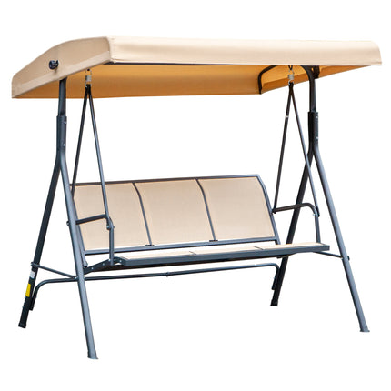 3 Seater Outdoor Swing Chair with Canopy and Steel Frame - Beige
