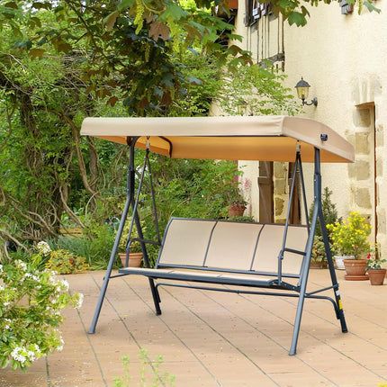 3 Seater Outdoor Swing Chair with Canopy and Steel Frame - Beige
