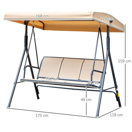 3 Seater Outdoor Swing Chair with Canopy and Steel Frame - Beige