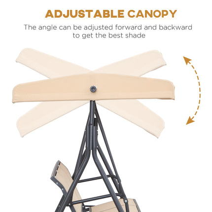 3 Seater Outdoor Swing Chair with Canopy and Steel Frame - Beige