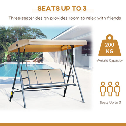 3 Seater Outdoor Swing Chair with Canopy and Steel Frame - Beige