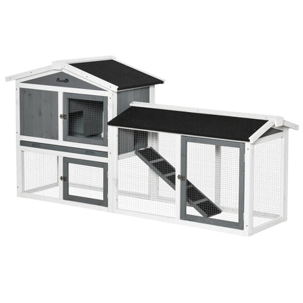 2 Tier Wooden Rabbit Hutch with Run Box and Slide-out Tray 175.8x52x85.5cm - White