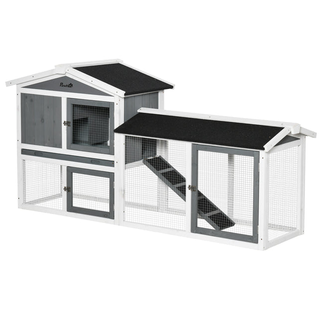 2 Tier Wooden Rabbit Hutch with Run Box and Slide-out Tray 175.8x52x85.5cm - White