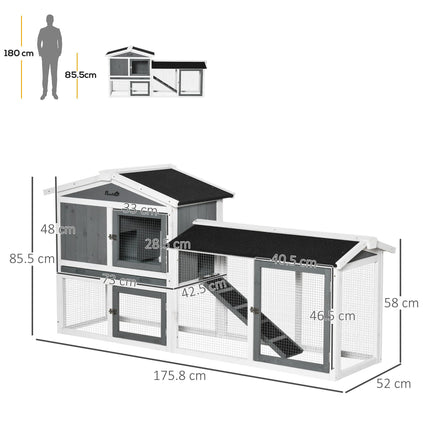 2 Tier Wooden Rabbit Hutch with Run Box and Slide-out Tray 175.8x52x85.5cm - White