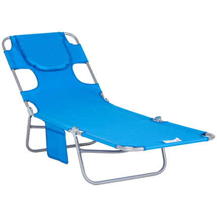 Adjustable Beach Chaise Lounge with Face Cavity & Arm Slots, Portable Reclining Sun Lounger 5-Position Backrest - Blue