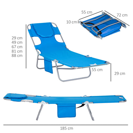 Adjustable Beach Chaise Lounge with Face Cavity & Arm Slots, Portable Reclining Sun Lounger 5-Position Backrest - Blue