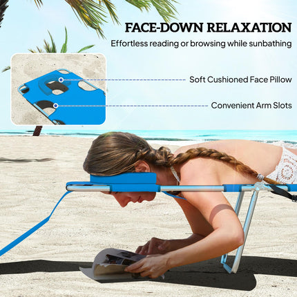 Adjustable Beach Chaise Lounge with Face Cavity & Arm Slots, Portable Reclining Sun Lounger 5-Position Backrest - Blue