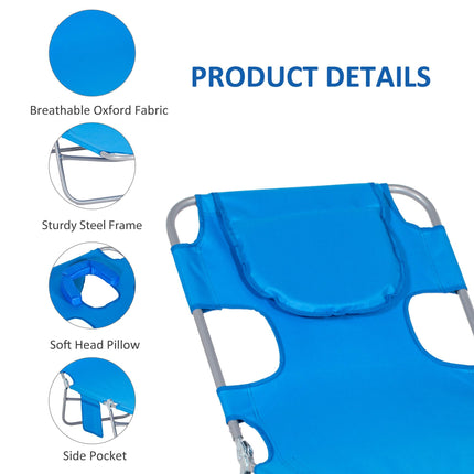 Adjustable Beach Chaise Lounge with Face Cavity & Arm Slots, Portable Reclining Sun Lounger 5-Position Backrest - Blue